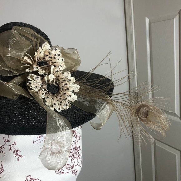 Something Special Black Wide Brim Dress Hat with Floral & Feather Detail main image 8